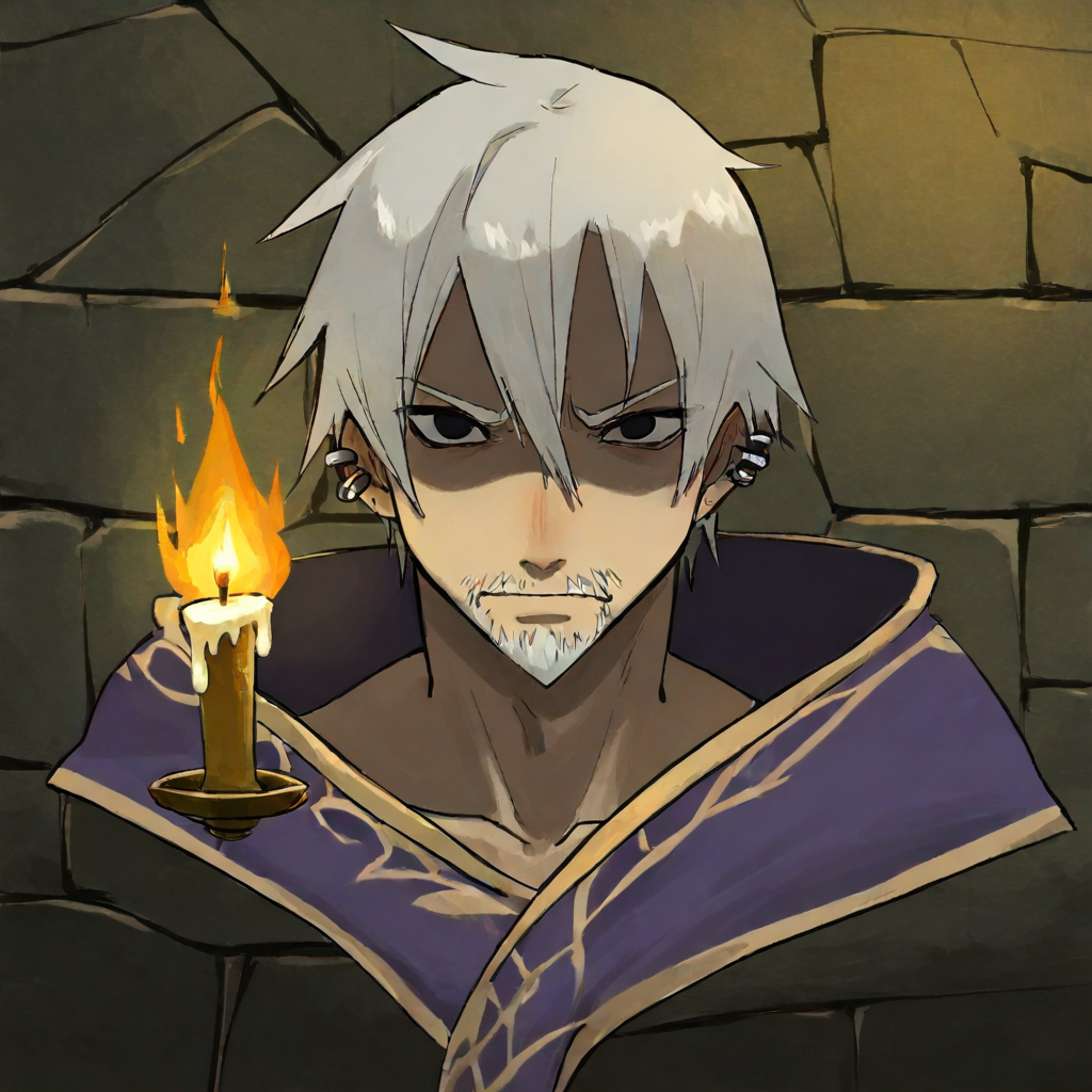 Magister Vell, gaunt alchemist in candlelight, midnight-purple robes
