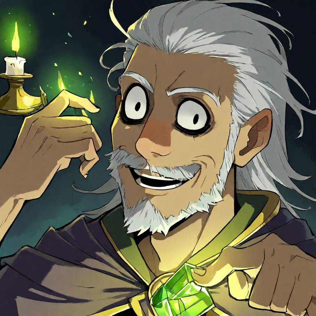 Magister Vell studying a glowing emerald vial up close