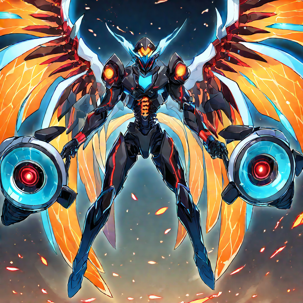 K-7 hovering in flight, four translucent wings extended, fire embers